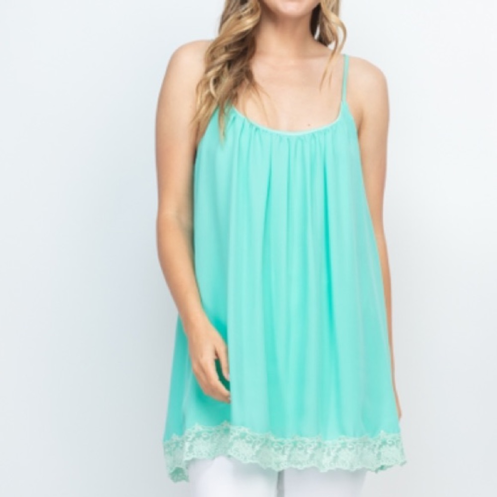 Aqua Mint sleeveless strappy scoop neck lace trim hem detail flowy tunic top. - Picture 14 of 16